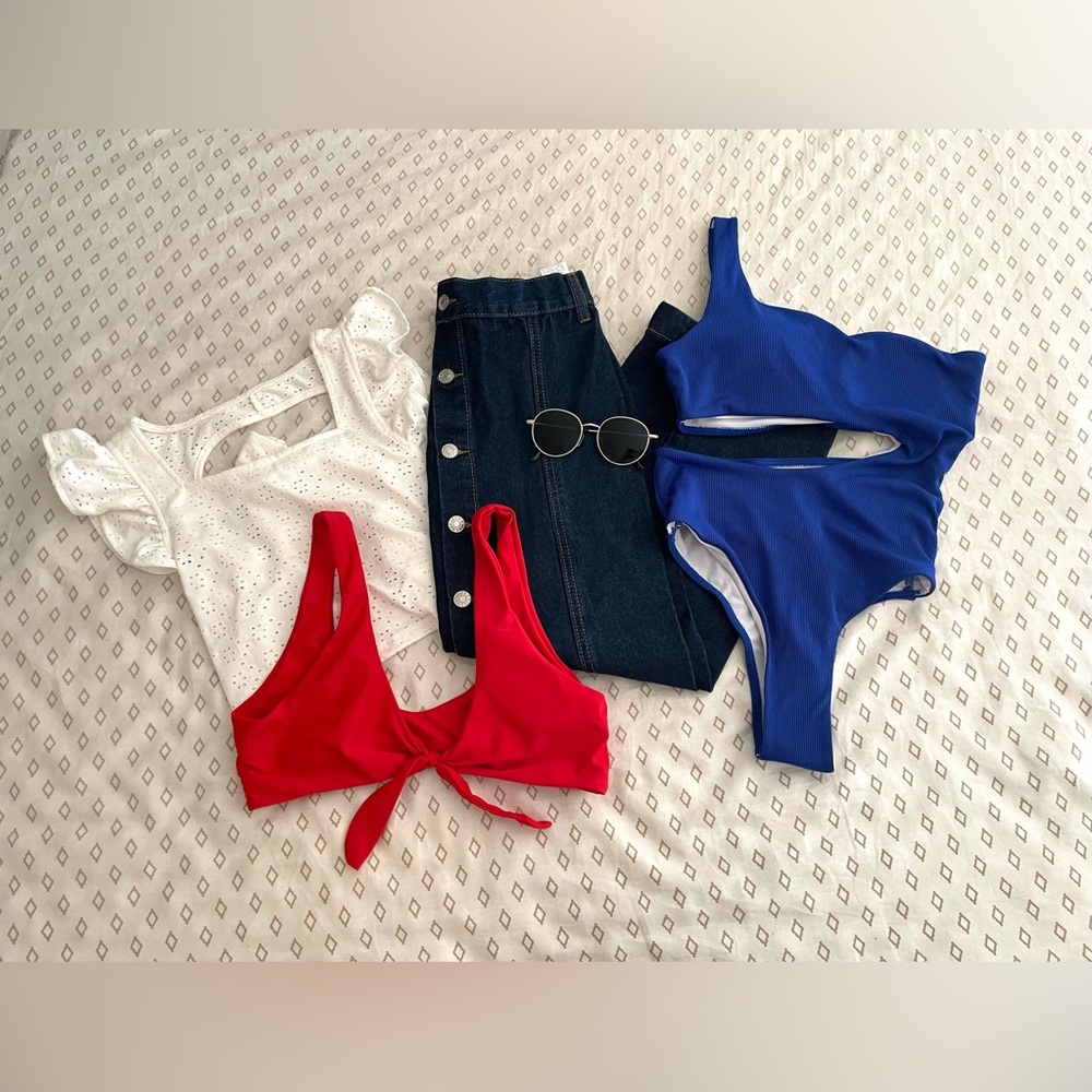 SHEIN Red Bikini Top, Royal Blue One-Shoulder Swim Set, White Eyelet Top